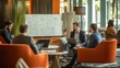 © Salsabila Ariadina - A team of business travelers engages in a brainstorming session, discussing ideas around a whiteboard in a contemporary hotel lobby