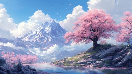 Poster - A Stunning Landscape of a Mountain and a Cherry Blossom Tree.