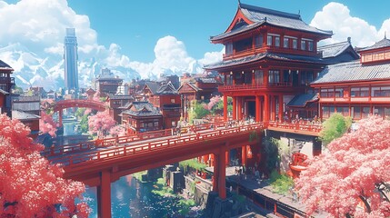 Canvas Print - Traditional Japanese architecture with cherry blossoms and a bridge over a river.