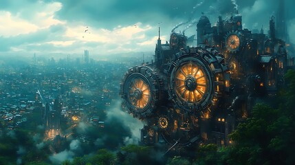 Canvas Print - Futuristic Cityscape with Giant Gears and Smoke Stacks.