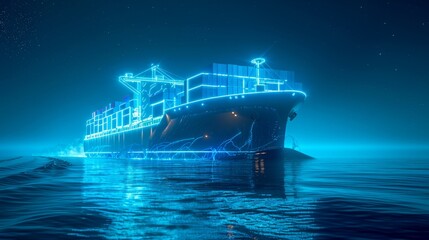 A high-tech container ship illuminated with blue neon lights glides on serene waters, beneath a star-filled night sky.