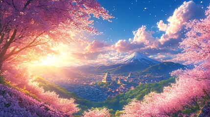 Wall Mural - Stunning View of Mount Fuji with Cherry Blossoms and a Japanese Castle.