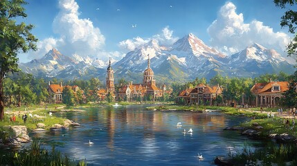 Canvas Print - Picturesque Village Nestled at the Foot of Majestic Mountains.