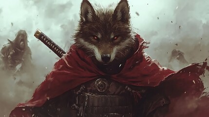 Poster - Wolf Warrior with Red Cape and Katana Sword in Foggy Battlefield.