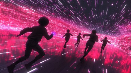 Poster - Silhouettes of people running through a pink neon tunnel.