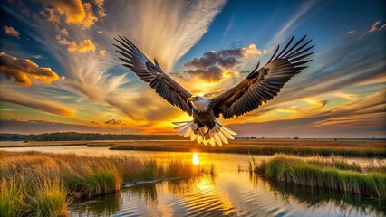 Majestic bald eagle soars overhead, wings outstretched, as sun sets over serene wetlands, highlighting the importance of preserving fragile ecosystems and biodiversity.