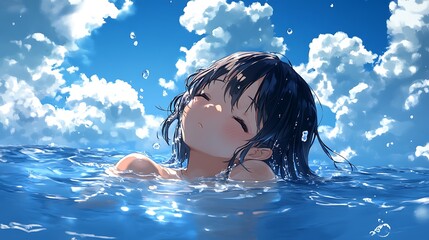 Poster - Anime Girl Relaxing in the Ocean Under a Blue Sky with Clouds.