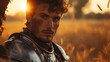 © irina - a 27 year old man with dark brown hair standing in a wheat field during golden hours lighting wearing a futuristic medivela knight armor, slight stubble