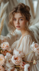 Wall Mural - A serene young woman surrounded by delicate pink peonies indoors, capturing a moment of reflection and beauty in soft natural light during a tranquil afternoon