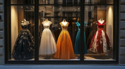 Stylish Boutique at Night Featuring Elegant Evening Gowns