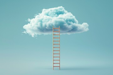 Wall Mural - a surreal wooden ladder reaching up to a fluffy cloud in a light blue sky, symbolizing aspiration an