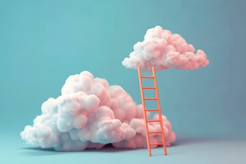 Wall Mural - a whimsical scene with a bright orange ladder leaning against fluffy pink clouds set against a soft 
