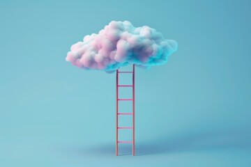 a colorful cloud resting atop a pink ladder against a blue background symbolizes dreams and aspirati