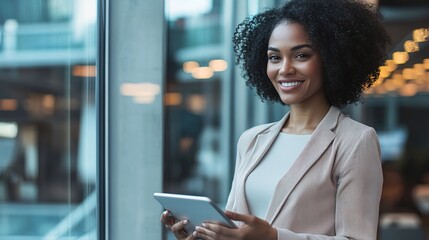 Sticker - Happy businesswoman standing by the window, using a digital tablet in the office