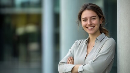 Poster - Happy businesswoman standing outside an office building, representing confidence and professional success