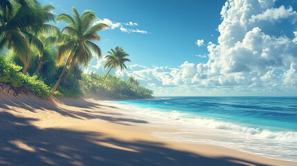 A beautiful beach with palm trees and a blue sky,