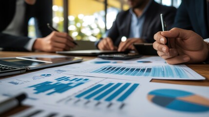 Canvas Print - Meeting with business people analyzing financial charts and discussing marketing growth strategy, accounting and financial planning