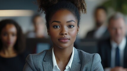 Canvas Print - Black businesswoman addressing colleagues in a corporate meeting, with a close-up view highlighting engagement and leadership