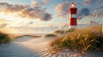 Wall Mural - A picturesque lighthouse standing tall on a sandy beach, surrounded by lush grass and gentle dunes under a beautiful sunset sky