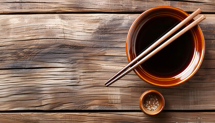 Canvas Print - Bowl with soy sauce and chopsticks on wooden table, top view. Space for text