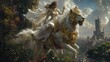 © Gatherina - Beautiful queen riding lion with golden armor in fantasy kingdom