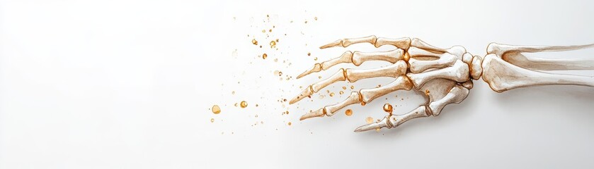 Close-up of a human skeleton hand and forearm on a white background.