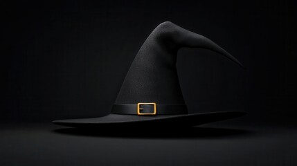 Black witch hat with gold buckle isolated on black background.