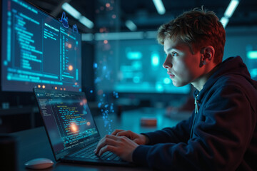 ai cybersecurity education: student coding ethical hacking protocols in high-tech classroom - perfec