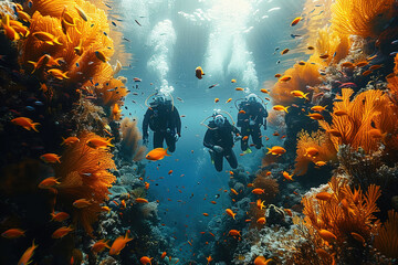 Wall Mural - Professional diving, scuba diver in the depths of water with cylinders among colorful fish, corals and stones.