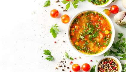 Wall Mural - Vegetable soup isolated on white background, top view