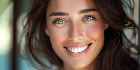 Wall Mural -  beautiful young brunette woman smiling into the camera