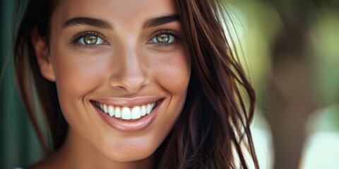 Wall Mural - Smiling young woman with long brown hair and striking green eyes enjoying a sunny day in a natural outdoor setting during summer with soft background blur