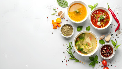 Wall Mural - Vegetable soup isolated on white background, top view