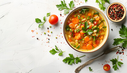 Wall Mural - Vegetable soup isolated on white background, top view