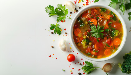 Wall Mural - Vegetable soup isolated on white background, top view