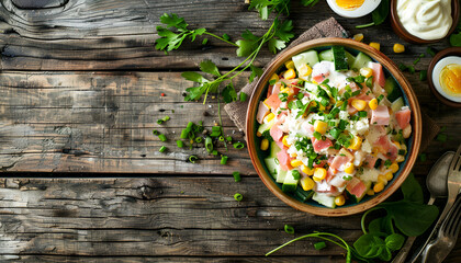 Wall Mural - Festive salad with ham, cucumber, boiled eggs, sweet corn and mayonnaise on rustic