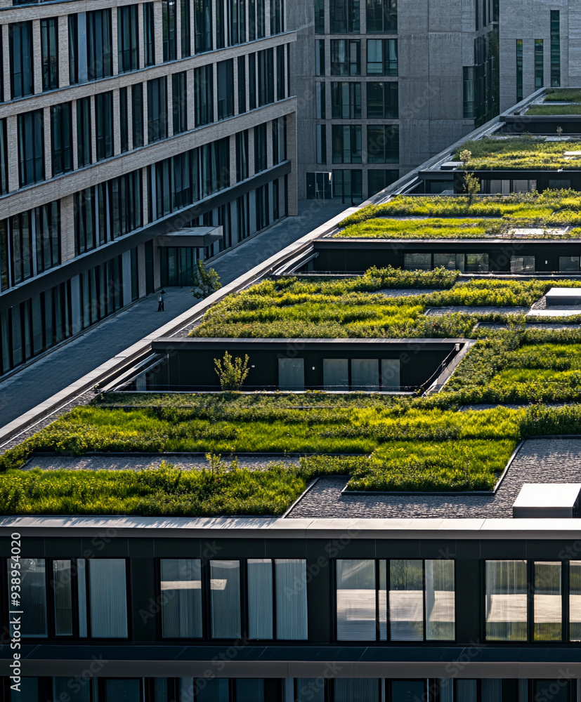 View of urban community with interconnected green roofs, rainwater harvesting ...