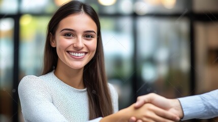 Poster - Portrait of a smiling young manager shaking hands with a new employee, symbolizing teamwork and a positive work environment