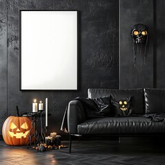 A stylish modern living room showcases a blank wall art mockup and Halloween decorations. A carved pumpkin, candles, and themed pillows create a festive atmosphere