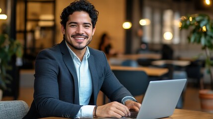 Portrait of a stylish Hispanic businessman working on a laptop in a modern office, smiling confidently