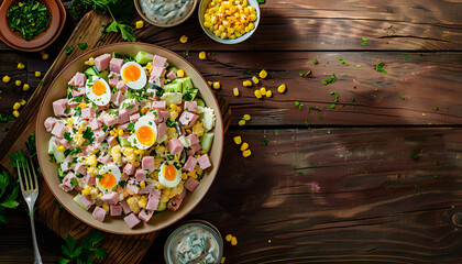 Wall Mural - Festive salad with ham, cucumber, boiled eggs, sweet corn and mayonnaise on rustic