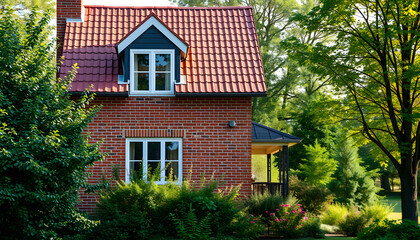 Red brick wall of house with roof and windows next to trees and garden isolated with white highlights, png