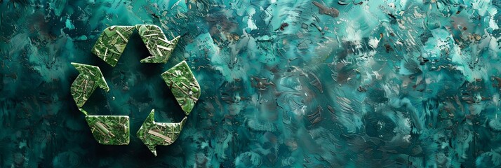 A green recycling symbol set against a textured background resembling ocean waves, conveying the importance of environmental protection and marine conservation.