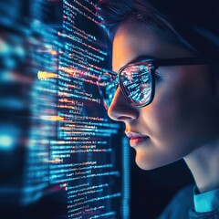Software, coding hologram and woman in data analytics, information technology and gdpr overlay. Programmer or IT person in glasses reading script, programming and cybersecurity research on computer