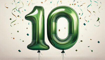 Green birthday / anniversary balloon, number 10, white background with confetti