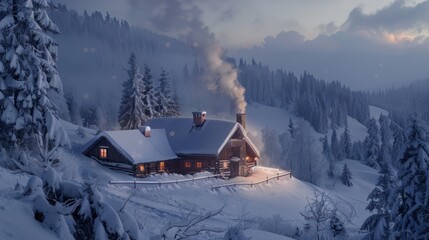 Canvas Print - Cozy Cabin in the Snowy Mountains