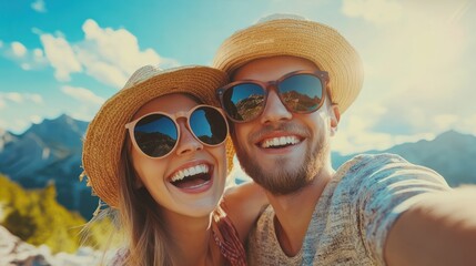 Happy traveling couple. making selfie. mountains. background. sunny summer colors romantic mood Stylish sunglasses straw hat Happy laughing. emotional faces : Generative AI