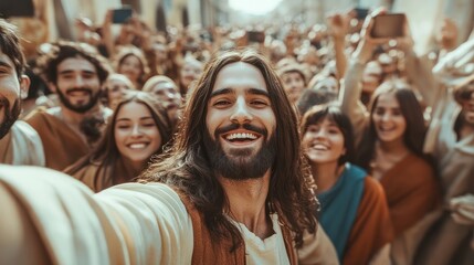 Jesus, portrait and selfie with religious group in photography, memory or worship of god together. Happy prophet with smile, community or followers for picture, march or outdoor freedom in leadership