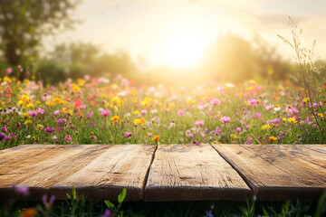 Wall Mural - Wooden Table in Flower Field.