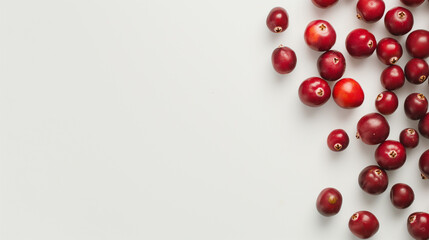 Wall Mural - A cluster of vibrant red cranberries scattered across a clean white background, showcasing their freshness and rich color, symbolic of festive and winter seasons.